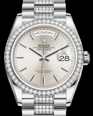 Rolex Day-Date 36-128349RBR (White Gold Diamond-set President Bracelet, Silver Index Dial, Diamond Bezel)