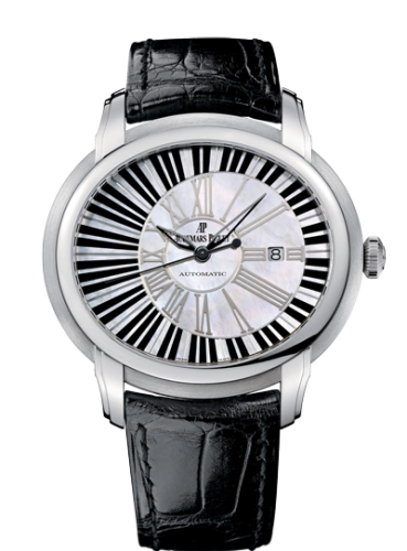 Audemars Piguet Millenary 45-15325BC.OO.D102CR.01 (Black Alligator Leather Strap, Pianoforte Off-centred White MOP Roman Dial, White Gold Smooth Bezel)