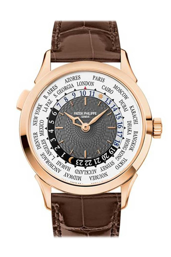 Patek Philippe Complications 38.5-5230R-012 (Shiny-brown Alligator Leather Strap, Guilloched Charcoal-grey Index Dial, Rose Gold Smooth Bezel)