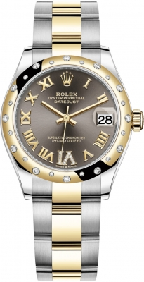 Rolex Datejust 31-278343RBR (Yellow Rolesor Oyster Bracelet, VI Diamond-set Dark-grey Dial, Domed Diamond Bezel)
