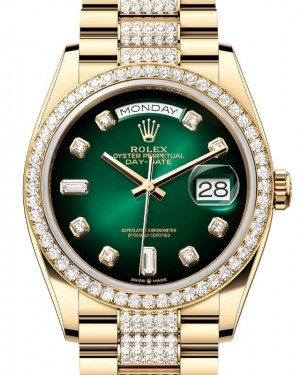 Rolex Day-Date 36-128348RBR (Yellow Gold Diamond-set President Bracelet, Gold Diamond-set Green Ombré Dial, Diamond Bezel)