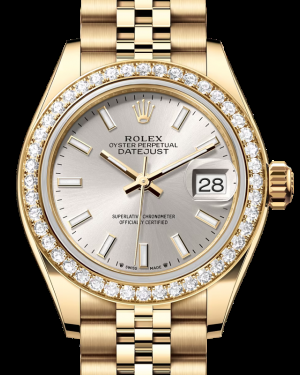 Rolex Lady-Datejust 28-279138RBR (Yellow Gold Jubilee Bracelet, Silver Index Dial, Diamond Bezel)