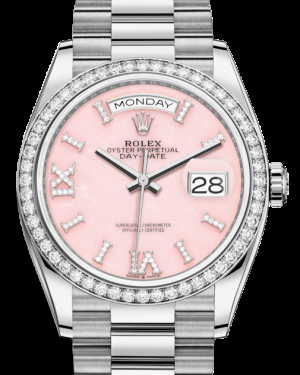 Rolex Day-Date 36-128349RBR (White Gold President Bracelet, VI IX Gold Diamond-set Pink Opal Dial, Diamond Bezel)