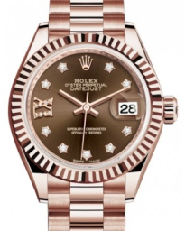 Rolex Lady-Datejust 28-279175 (Everose Gold President Bracelet, Gold Diamond IX-set Chocolate Dial, Fluted Bezel) (m279175-0002)