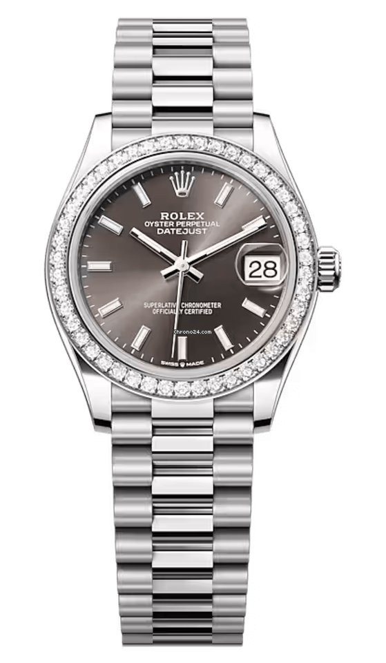 Rolex Datejust 31-278289RBR (White Gold President Bracelet, Dark-grey Index Dial, Diamond Bezel)