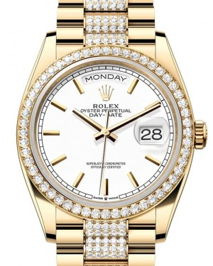 Rolex Day-Date 36-128348RBR (Yellow Gold Diamond-set President Bracelet, White Index Dial, Diamond Bezel)