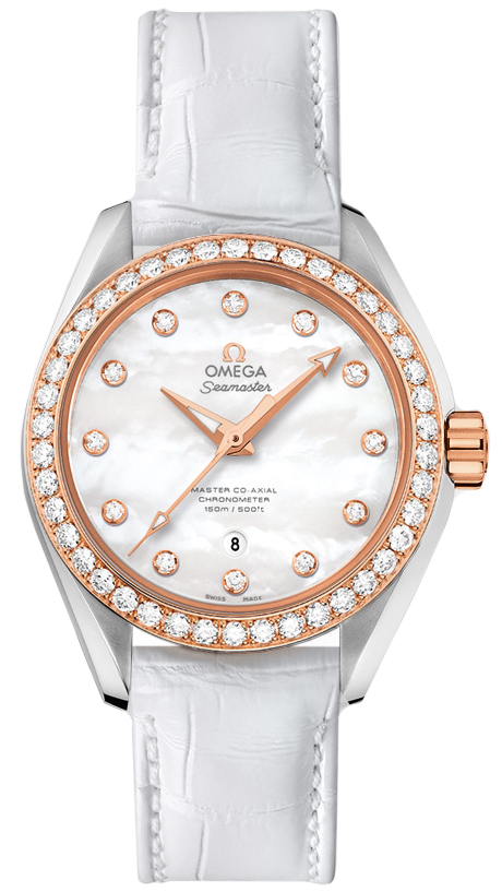 Omega Seamaster Aqua Terra 150M 34-231.28.34.20.55.003 (White Alligator Leather Strap, White MOP Diamond Index Dial, Sedna Gold Diamond-set Bezel)