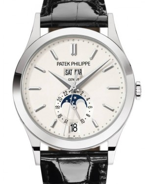 Patek Philippe Complications 38.5-5396G-011 (Shiny-black Alligator Leather Strap, Silvery Opaline Index Dial, White Gold Smooth Bezel)
