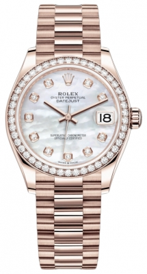 Rolex Datejust 31-278285RBR (Everose Gold President Bracelet, Gold Diamond-set White MOP Dial, Diamond Bezel)