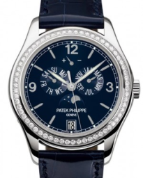 Patek Philippe Complications 39-5147G-001 (Shiny Navy-blue Alligator Leather Strap, Navy-blue Lacquered Index/Arabic Dial, Diamond Bezel) (5147G-001)