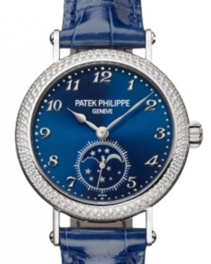 Patek Philippe Complications 33-7121/200G-001 (Shiny-blue Alligator Leather Strap, Blue Sunburst Arabic Dial, Dentelle-set Diamond Bezel)