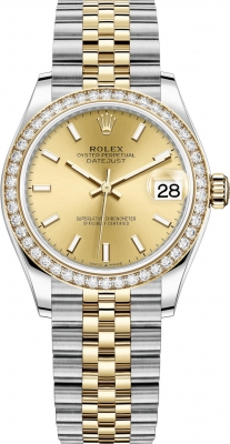 Rolex Datejust 31-278383RBR (Yellow Rolesor Jubilee Bracelet, Champagne Index Dial, Diamond Bezel)