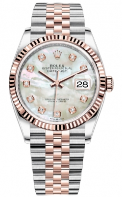 Rolex Datejust 36-126231 (Everose Rolesor Jubilee Bracelet, Gold Diamond-set White MOP Dial, Fluted Bezel)