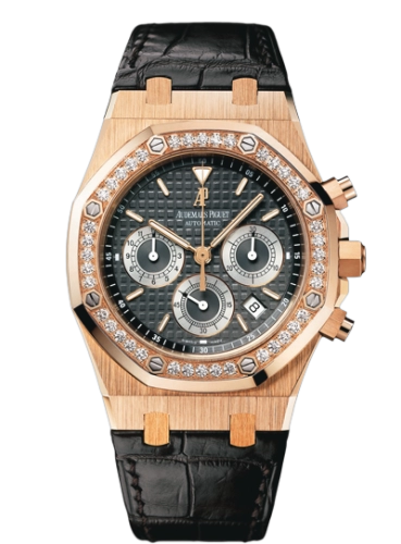 Audemars Piguet Royal Oak 39-26557OR.ZZ.D098CR.02 (Black Alligator Leather Strap, Grande Tapisserie Grey Index Dial, Pink Gold Diamond-set Bezel)