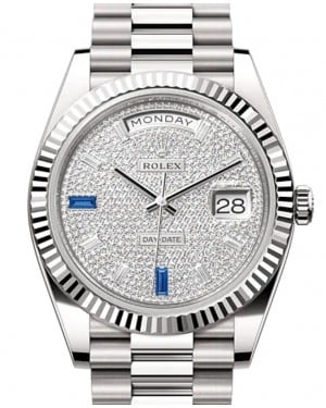 Rolex Day-Date 40-228239 (White Gold President Bracelet, Diamond-paved Diamond-set Index Dial, Fluted Bezel)