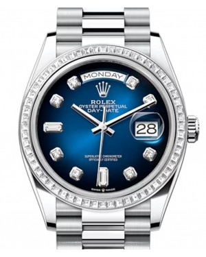 Rolex Day-Date 36-128396TBR (Platinum President Bracelet, Gold Diamond-set Blue Ombré Dial, Diamond Bezel)
