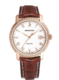 Audemars Piguet Jules Audemars 39-15140OR.ZZ.A088CR.03 (Brown Alligator Leather Strap, White Roman Dial, Pink Gold Diamond-set Bezel) (15140OR.ZZ.A088CR.03)