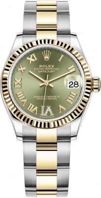 Rolex Datejust 31-278273 (Yellow Rolesor Oyster Bracelet, VI Diamond-set Olive-green Dial, Fluted Bezel)