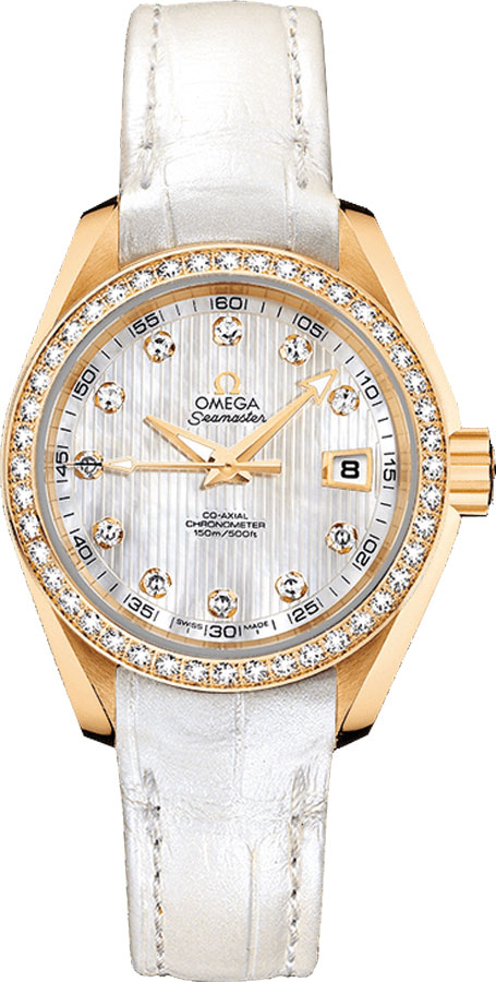 Omega Seamaster Aqua Terra 150M 30-231.58.30.20.55.002 (White Alligator Leather Strap, Vertical-teak White MOP Diamond Index Dial, Yellow Gold Diamond-set Bezel)