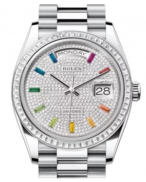 Rolex Day-Date 36-128396TBR (Platinum President Bracelet, Rainbow-colored Sapphires Diamond-paved Dial, Diamond Bezel)