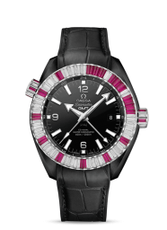 Omega Seamaster Planet Ocean 600M 45.5-215.98.46.22.01.002 (Black Alligator Leather Strap, Black Ceramic Arabic/Index Dial, Baguette-cut Purple Ruby/Diamond-set Bezel) (Omega 215.98.46.22.01.002)