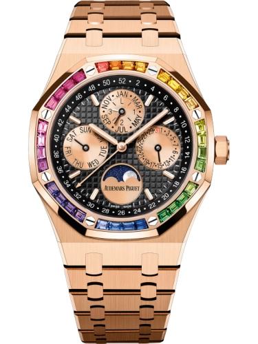 Audemars Piguet Royal Oak 41-26614OR.YY.1220OR.01 (Pink Gold Bracelet, Grande Tapisserie Black Index Dial, Baguette-cut Rainbow-coloured Sapphire-set Bezel)