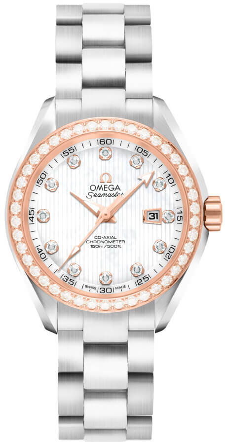 Omega Seamaster Aqua Terra 150M 34-231.25.34.20.55.003 (Stainless Steel Bracelet, Vertical-teak White MOP Diamond Index Dial, Red Gold Diamond-set Bezel)