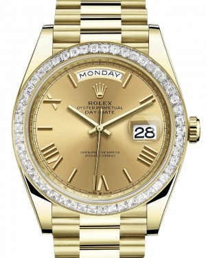 Rolex Day-Date 40-228398TBR (Yellow Gold President Bracelet, Champagne Roman Dial, Diamond Bezel)