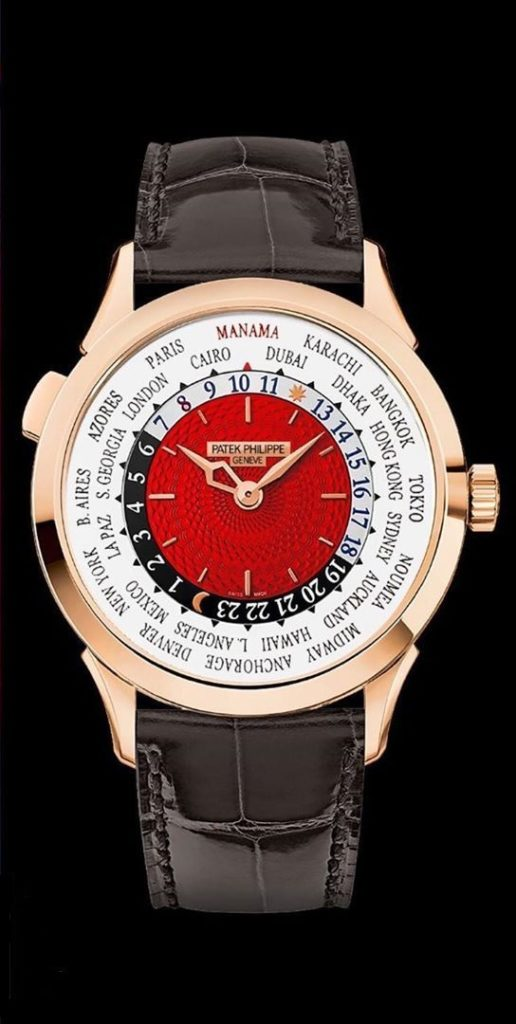Patek Philippe Complications 38.5-5230R-011 (Shiny Chestnut-brown Alligator Leather Strap, Manama Bahrein Edition Guilloched Red Index Dial, Rose Gold Smooth Bezel)