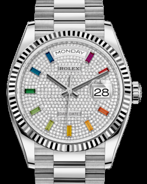 Rolex Day-Date 36-128239 (White Gold President Bracelet, Diamond-paved Rainbow-colored Sapphire-set Index Dial, Fluted Bezel)