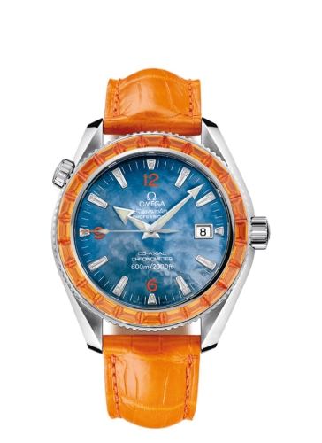 Omega Seamaster Planet Ocean 600M 42-2912.50.48 (Orange Alligator Leather Strap, Blue MOP Arabic/Index Dial, Baguette-cut Orange Sapphire-set Bezel)