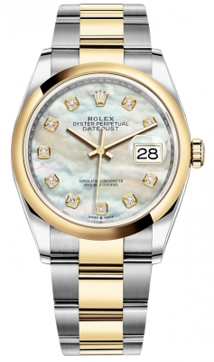 Rolex Datejust 36-126203 (Yellow Rolesor Oyster Bracelet, Gold Diamond-set White MOP Dial, Domed Bezel)