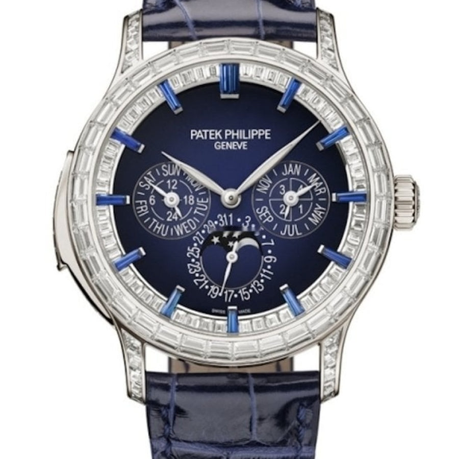 Patek Philippe Grand Complications 42-5374/300P-001 (Shiny Dusk-blue Alligator Leather Strap, Blue-lacquered Black-gradient Rim Index Dial, Baguette-cut Diamond Bezel)