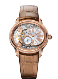 Audemars Piguet Millenary 39.5-77247OR.ZZ.A812CR.01 (Brown Alligator Leather Strap, Off-centred White MOP Roman Disc Openworked Dial, Pink Gold Diamond-set Bezel) (77247OR.ZZ.A812CR.01)