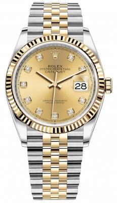 Rolex Datejust 36-126233 (Yellow Rolesor Jubilee Bracelet, Gold Diamond-set Champagne Dial, Fluted Bezel)