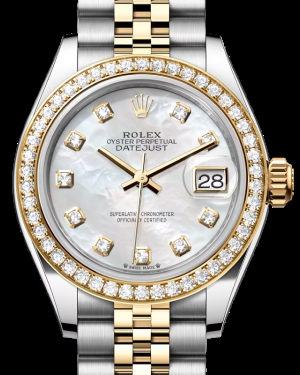 Rolex Lady-Datejust 28-279383RBR (Yellow Rolesor Jubilee Bracelet, Gold Diamond-set White MOP Dial, Diamond Bezel)