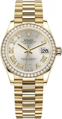 Rolex Datejust 31-278288RBR (Yellow Gold President Bracelet, VI Diamond-set Silver Dial, Diamond Bezel)