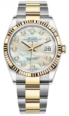 Rolex Datejust 36-126233 (Yellow Rolesor Oyster Bracelet, Gold Diamond-set White MOP Dial, Fluted Bezel)