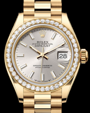 Rolex Lady-Datejust 28-279138RBR (Yellow Gold President Bracelet, Silver Index Dial, Diamond Bezel)