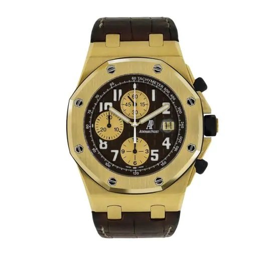 Audemars Piguet Royal Oak Offshore 42-26007BA.OO.D088CR.01 (Brown Alligator Leather Strap, Méga Tapisserie Brown Arabic Dial, Yellow Gold Smooth Bezel)