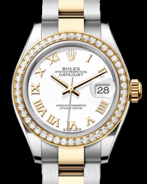 Rolex Lady-Datejust 28-279383RBR (Yellow Rolesor Oyster Bracelet, White Roman Dial, Diamond Bezel)