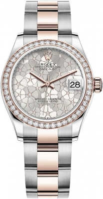 Rolex Datejust 31-278381RBR (Everose Rolesor Oyster Bracelet, Gold Diamond-set Silver Floral Dial, Diamond Bezel)
