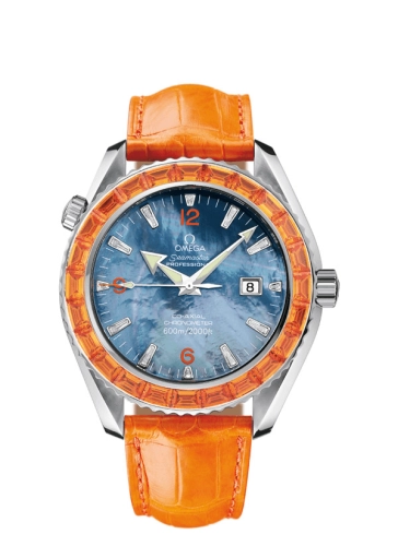 Omega Seamaster Planet Ocean 600M 45.5-2902.50.38 (Orange Alligator Leather Strap, Blue MOP Arabic/Index Dial, Baguette-cut Orange Sapphire-set Bezel)