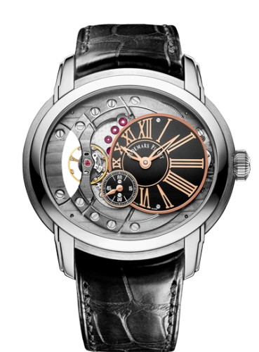 Audemars Piguet Millenary 47-15350ST.OO.D002CR.01 (Black Alligator Leather Strap, Off-centred Black Roman Disc Openworked Dial, Stainless Steel Smooth Bezel)