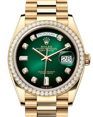 Rolex Day-Date 36-128348RBR (Yellow Gold President Bracelet, Gold Diamond-set Green Ombré Dial, Diamond Bezel)