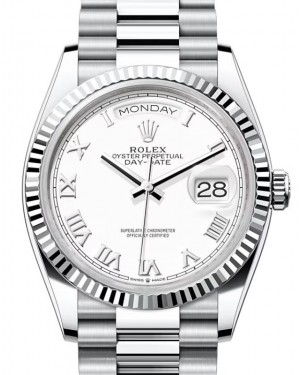 Rolex Day-date 36-128236 (Platinum President Bracelet, White Roman Dial, Fluted Bezel)