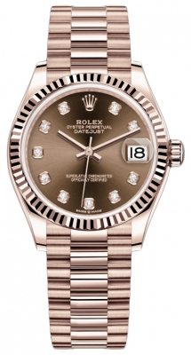 Rolex Datejust 31-278275 (Everose Gold President Bracelet, Gold Diamond-set Chocolate Dial, Fluted Bezel)