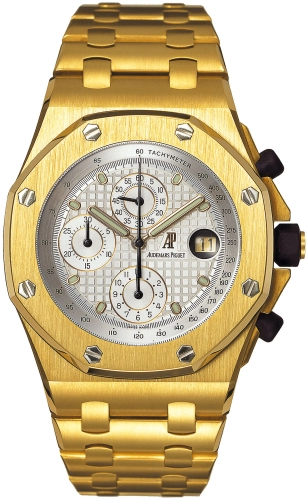 Audemars Piguet Royal Oak Offshore 42-25721BA.O.1000BA.03 (Yellow Gold Bracelet, Grande Tapisserie Silver-toned Index Dial, Yellow Gold Smooth Bezel)