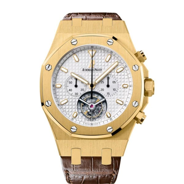 Audemars Piguet Royal Oak 44-25977BA.OO.D088CR.01 (Brown Alligator Leather Strap, Grande Tapisserie Silver-toned Index Dial, Yellow Gold Smooth Bezel)