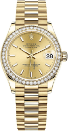 Rolex Datejust 31-278288RBR (Yellow Gold President Bracelet, Stick Champagne Dial, Diamond Bezel)